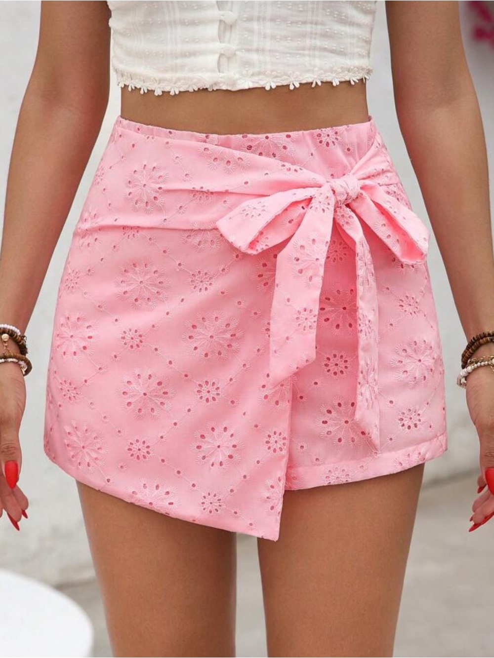 SHEIN Pink Eyelet Tie-Waist Skort